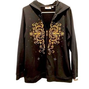 QVC Quaker Factory Black Gold Embellished Zip Up Jacket front pockets Medium
C